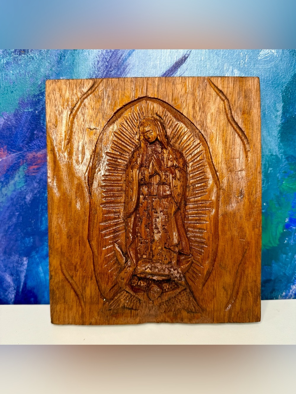 Our Lady of Guadalupe Virgin Mary & Angel Carved Wood Wall Art Devotional Icon